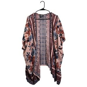 Angie Floral Kimono Cardigan Pink Blue Boho‎ Open Front Cover Up Women's Size L